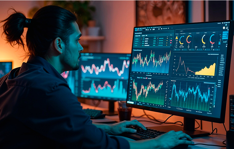 Person analyzing financial data on multiple monitors, representing banking operations
